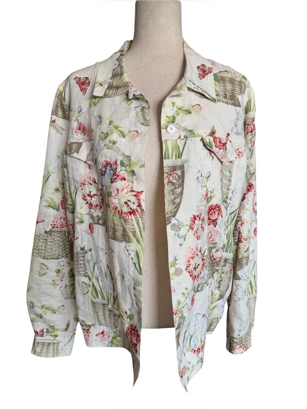 Folio Floral Linen Jacket in Cream with Floral Baskets